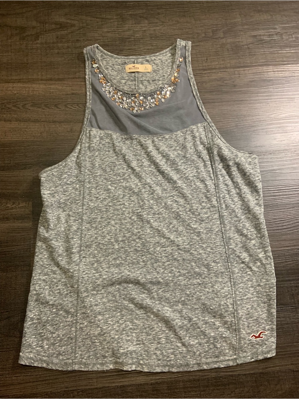 Hollister Heather Gray Embellished Mesh Yoke Tank